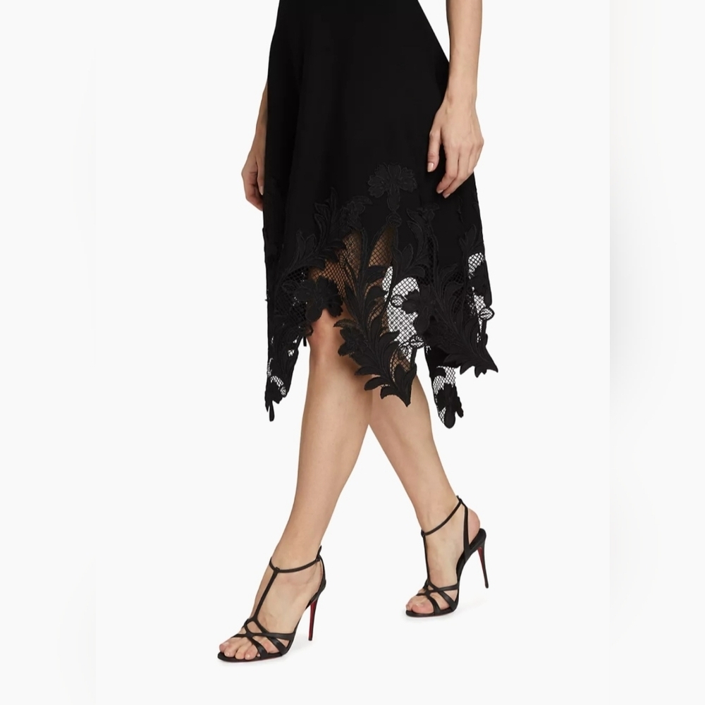 Oscar De La Renta Black Asymmetrical Jewel Neck Floral Guipure Lace‎ Midi-Dress - Picture 10 of 10